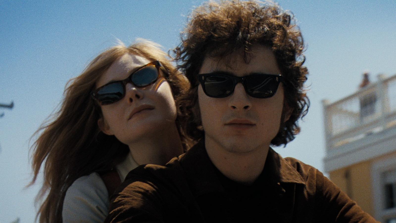 PHOTO: Elle Fanning as Sylvie Russo, left, and Timothée Chalamet as Bob Dylan, are seen in a still from the upcoming film, "A Complete Unknown."