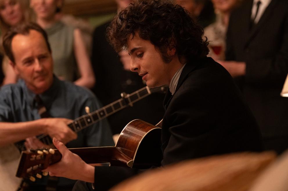 PHOTO: Edward Norton as Pete Seeger, left, and Timothée Chalamet as Bob Dylan are seen in a still from the upcoming film, "A Complete Unknown."