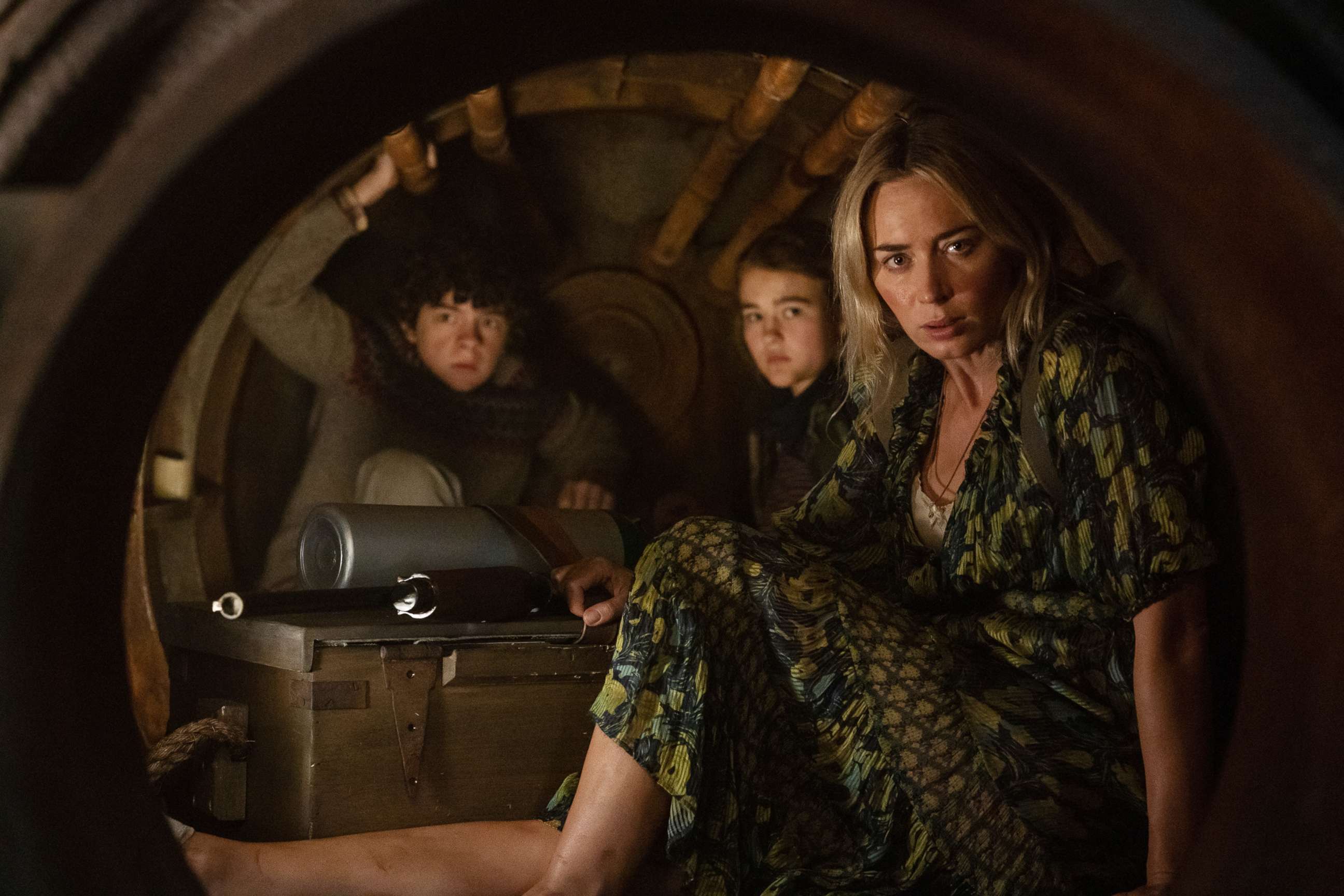 PHOTO: Noah Jupe as Marcus, Millicent Simmonds as Regan, and Emily Blunt as Evelyn in a scene from "A Quiet Place Part II."