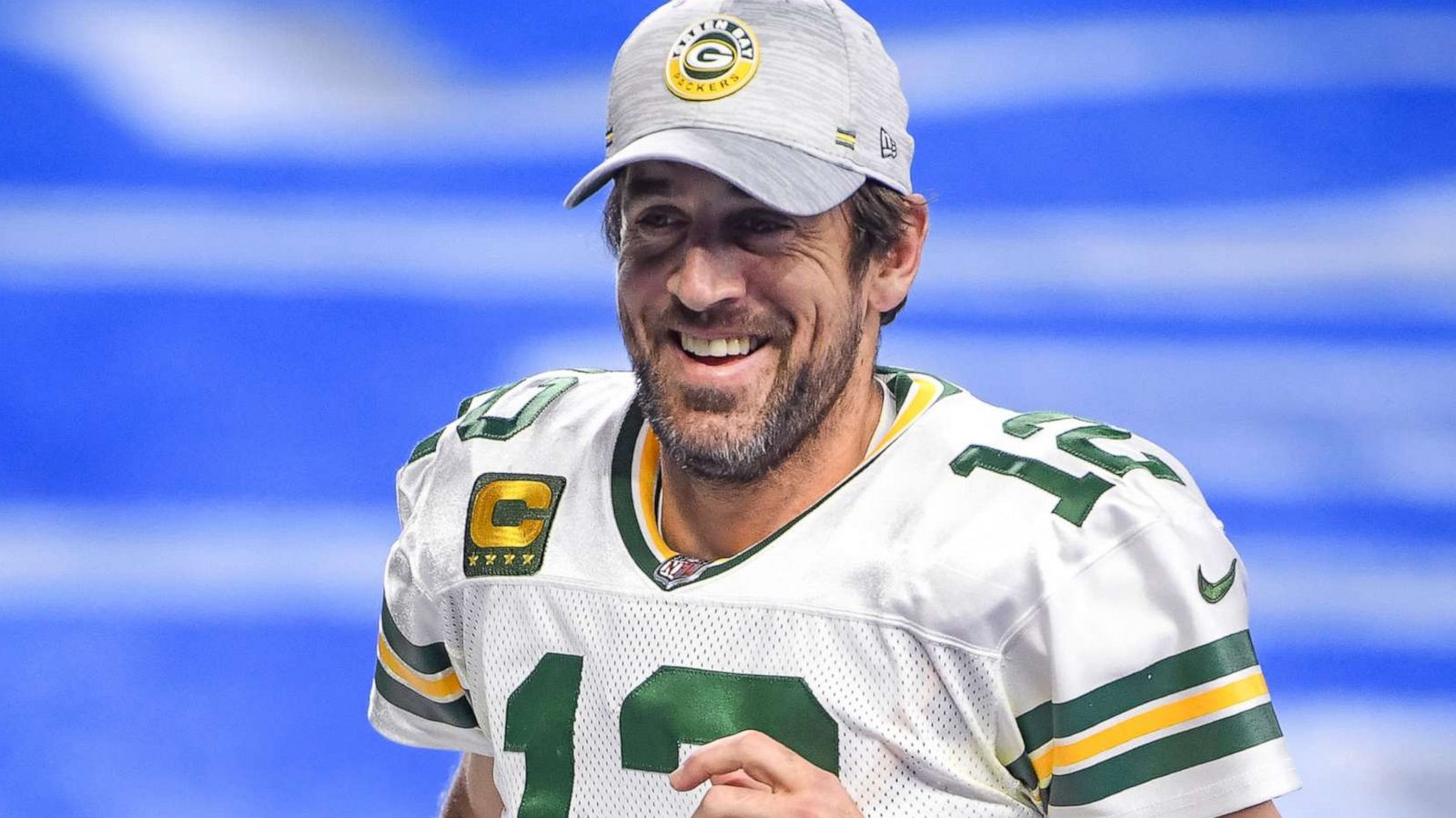 PHOTO: Aaron Rodgers of the Green Bay Packers smiles after a game in Detroit, Dec. 13, 2020.