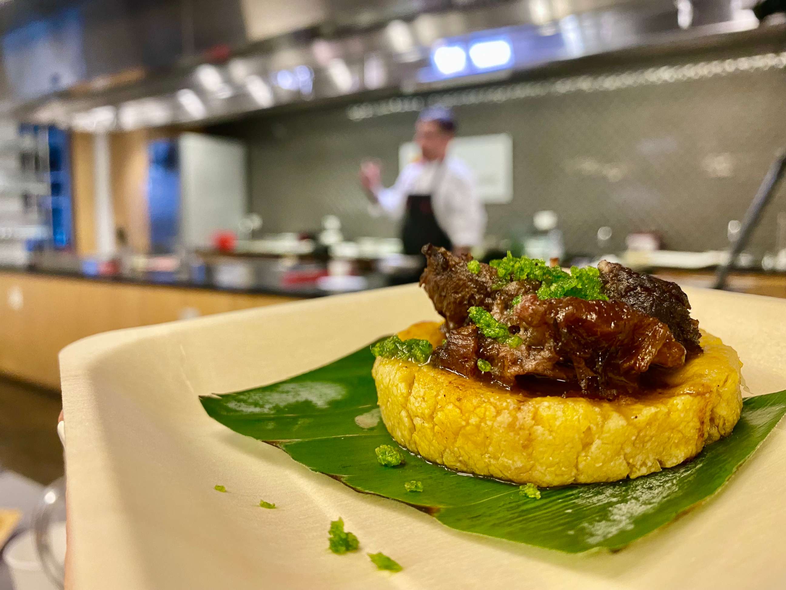 PHOTO: A braised beef cheek sope prepared by chef Aarón Sánchez at the Institute of Culinary Education.