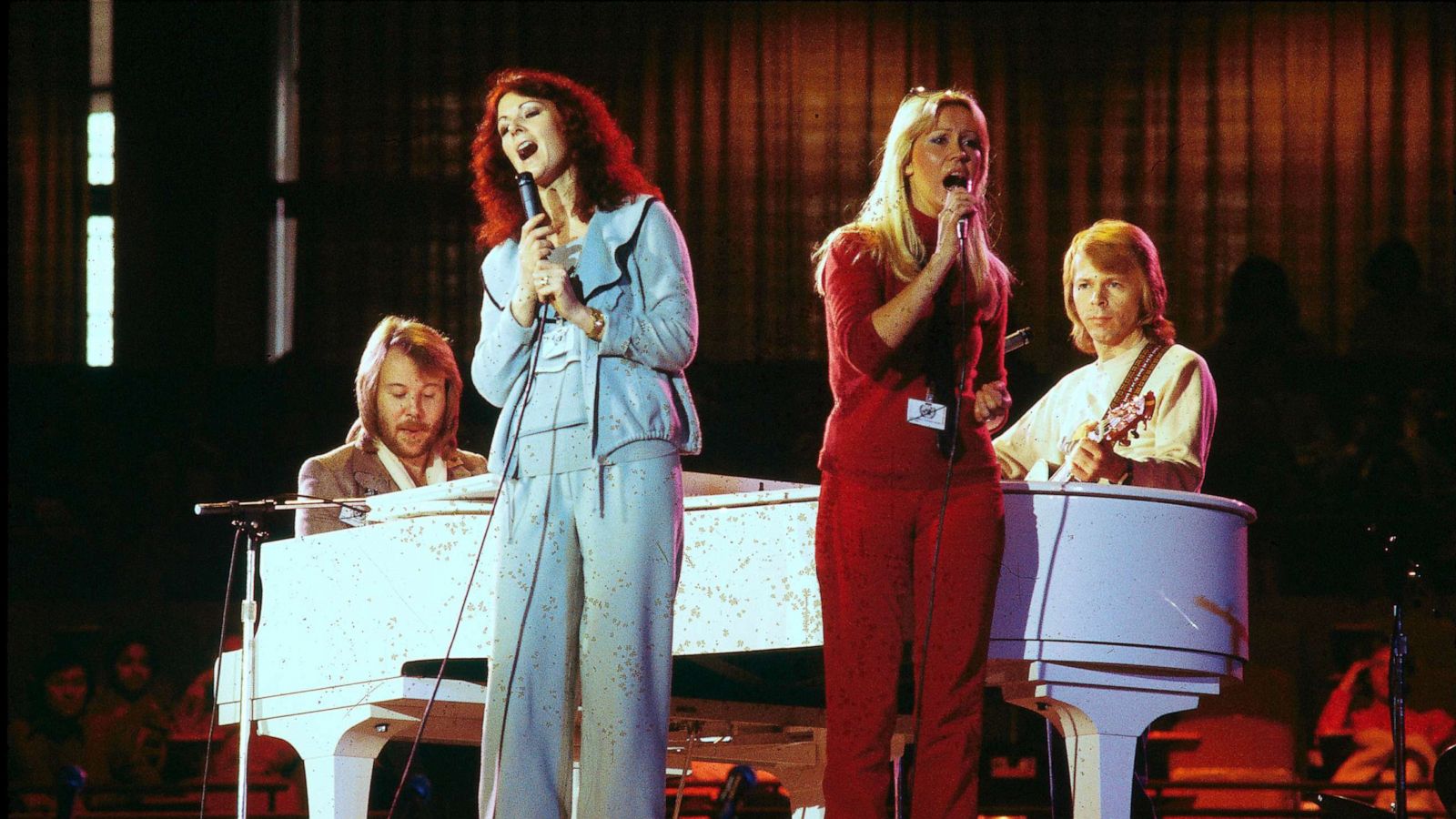 PHOTO: ABBA members from left, Benny Andersson, Anni-Frid Lyngstad, Agnetha Faltskog, and Bjorn Ulvaeus, perform onstage.