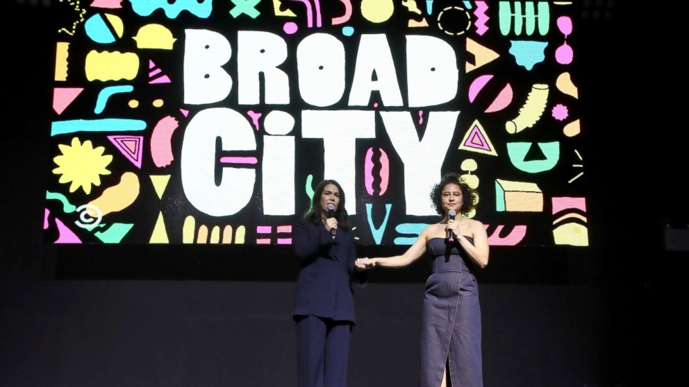 PHOTO: Abbi Jacobson and Ilana Glazer speak onstage at Comedy Central's 'Broad City' season five premiere party at Stage 48, Jan. 22, 2019, in N.Y.