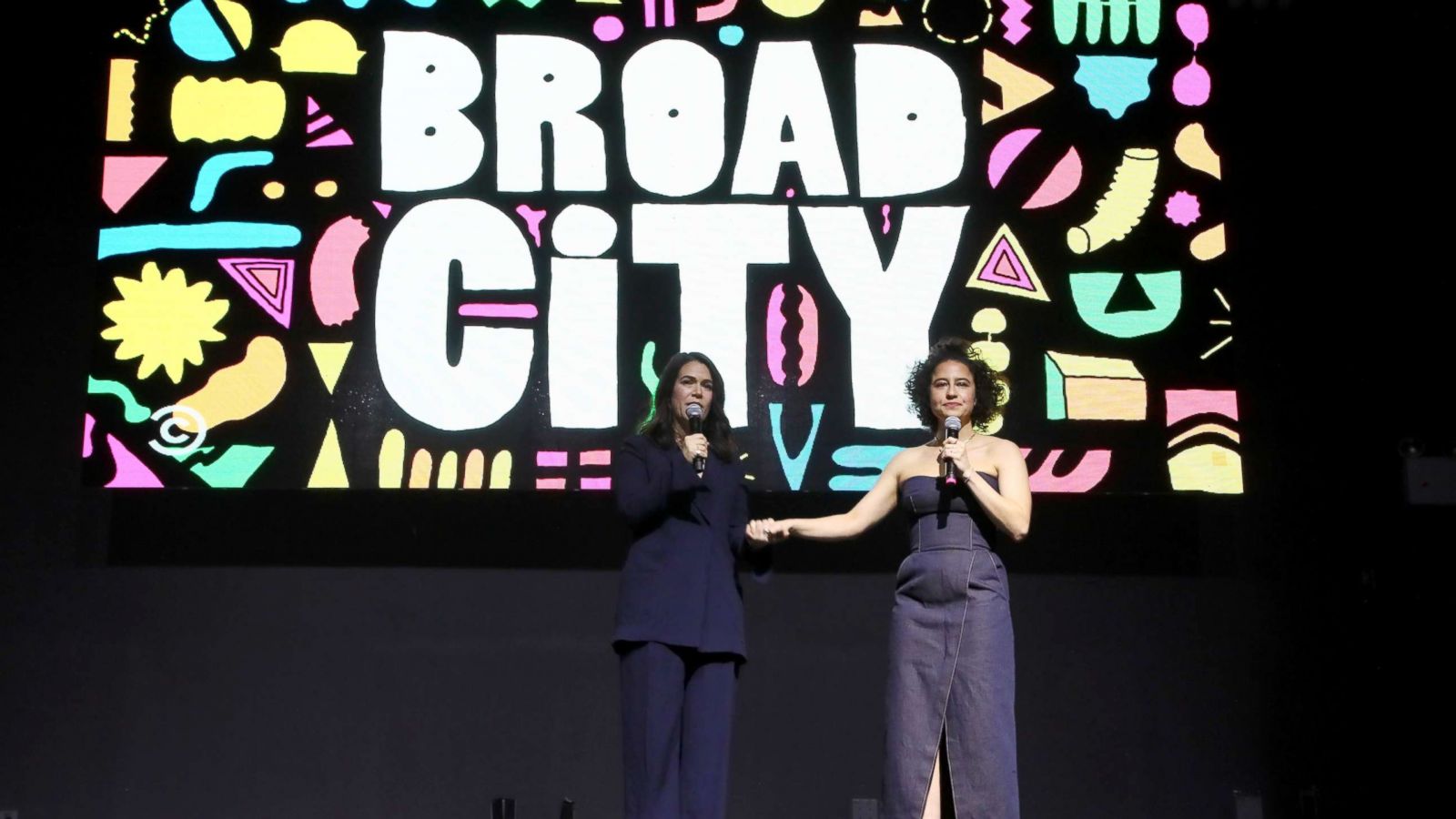 PHOTO: Abbi Jacobson and Ilana Glazer speak onstage at Comedy Central's 'Broad City' season five premiere party at Stage 48, Jan. 22, 2019, in N.Y.