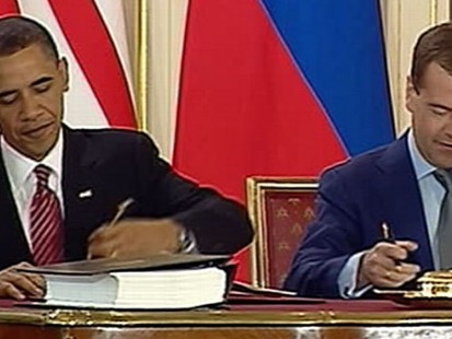VIDEO: President Obama and President Medvedev sign historic arms reduction treaty.