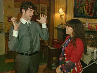 A picture of Michael Urie and America Ferrara on the set of Ugly Betty.