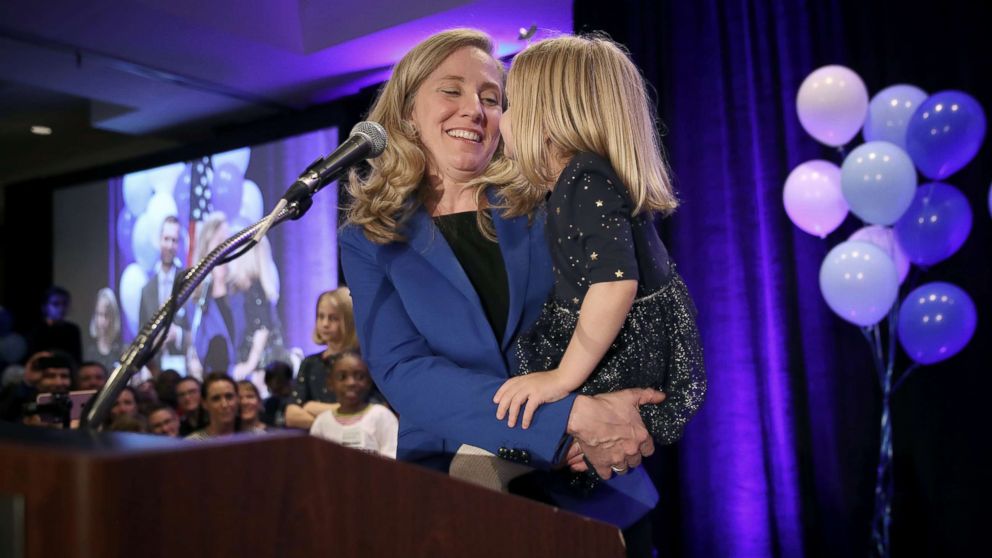 PHOTO: Abigail Spanberger, democratic candidate for Virginias Seventh District, holds her daughter Catherine as she thanks supporters at an election night rally, Nov. 6, 2018, in Richmond, Virginia.