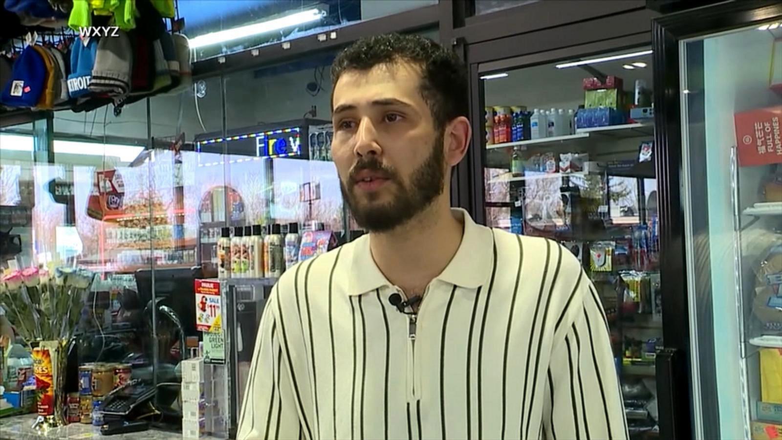 PHOTO: Gas station clerk Abdulrahman Abohatem speaks to ABC affiliate WXYZ.