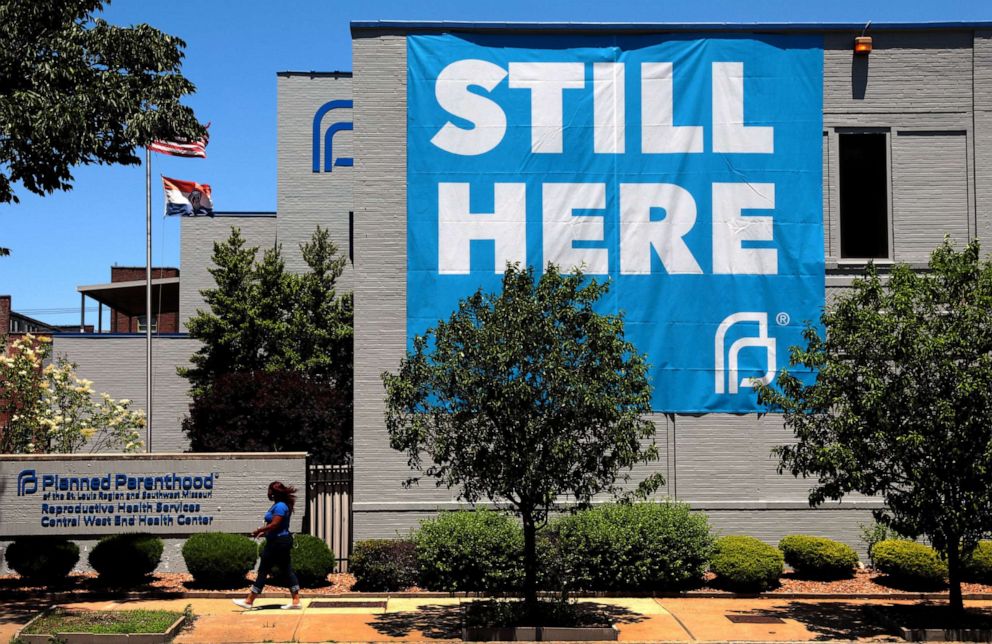 PHOTO: A banner hangs on the side of the Planned Parenthood of St. Louis building, May 29, 2020, after a state judge ruled against an attempt by the Gov. Mike Parson administration to shut down the lone abortion clinic in Missouri.