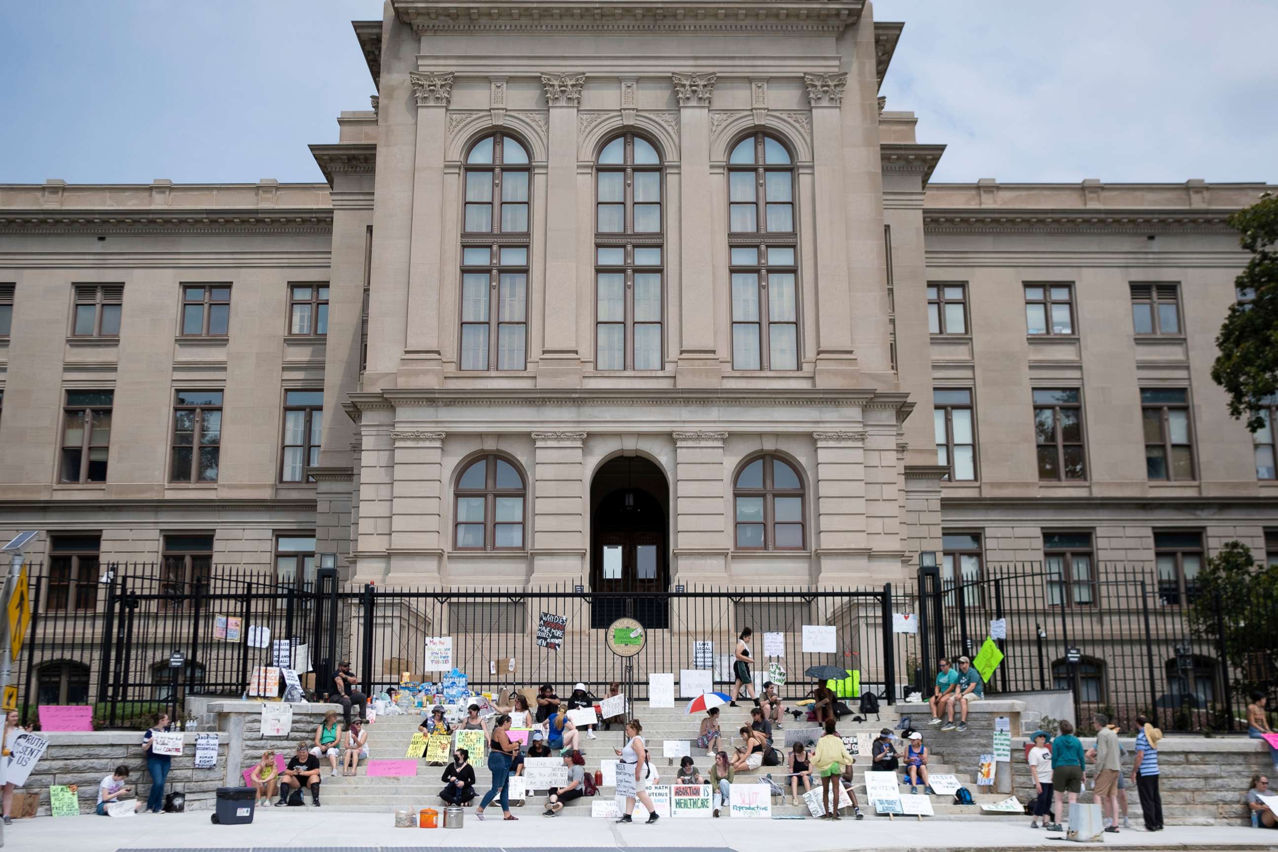 PHOTO: In this June 26, 2022, file photo, a group gathers at the steps of the Georgia State Capitol in Atlanta, protesting the overturning of Roe v. Wade.