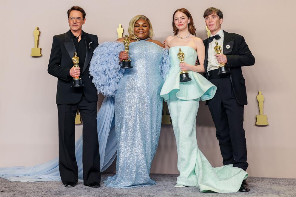 PHOTO: In this March 10, 2024 file photo, Robert Downey Jr., Da'Vine Joy Randolph, Emma Stone and Cillian Murphy in the deadline room at the 96th Annual Academy Awards at the Dolby Theatre at Hollywood & Highland Center in Hollywood, CA.