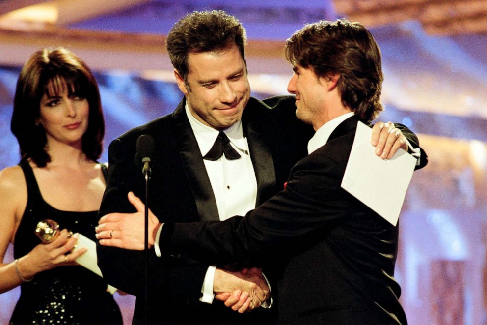 PHOTO: FILE - John Travolta and Tom Cruise during the 54th Annual Golden Globe Awards held at the Beverly Hilton Hotel, Jan. 19, 1997.