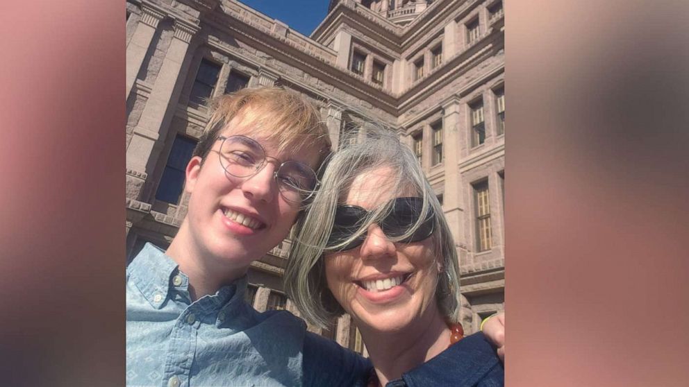 PHOTO: Adair Apple, of Corpus Christi, Texas, poses with her son, Charlie, after testifying at the Texas State Capitol in March 2021.