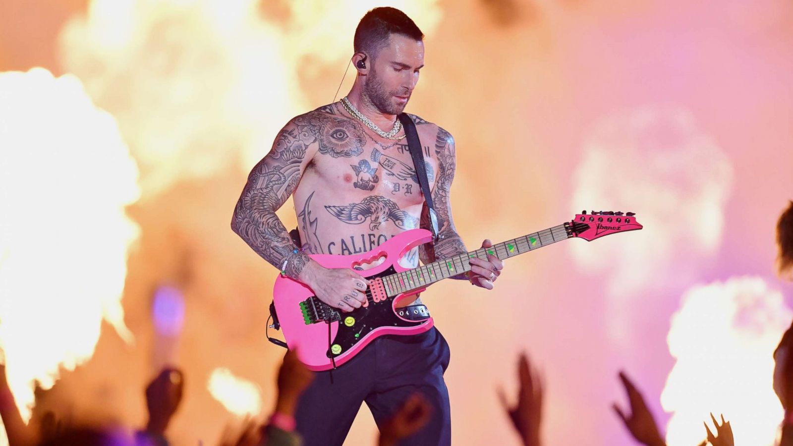 PHOTO: Adam Levine of Maroon 5 performs during the Pepsi Super Bowl LIII Halftime Show at Mercedes-Benz Stadium in Atlanta, Feb. 3, 2019.