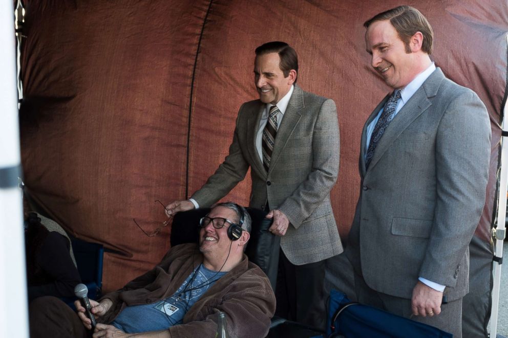 PHOTO: Director Adam McKay and actors Steve Carell and Christian Bale on the set of the 2018 film, "Vice."