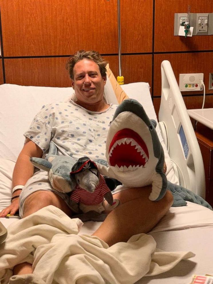 PHOTO: Adam Coons recovers in the hospital in Santa Barbara after he was attacked by a shark while surfing on Dec. 21, 2019.
