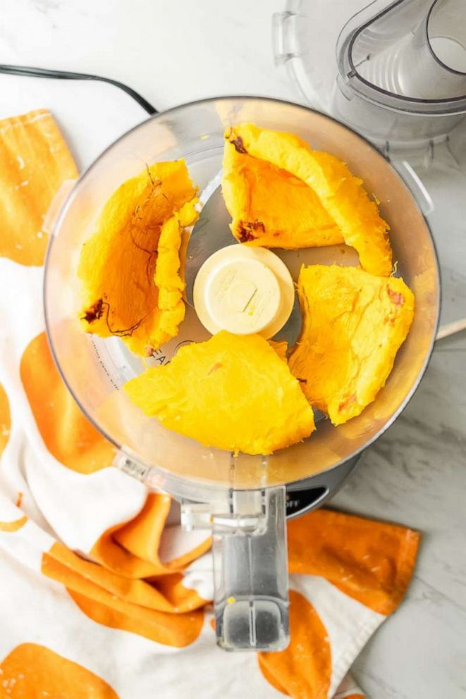 PHOTO: After cooling, peel off the skin with your hands, and add the pumpkin flesh to a food processor.