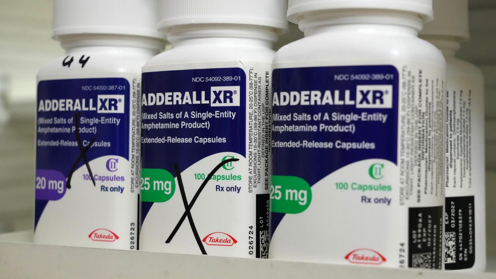 PHOTO: In this Nov. 30, 2023, file photo, Takeda Pharmaceutical Co. Adderall XR brand medication is shown on a shelf at a pharmacy in Provo, Utah.