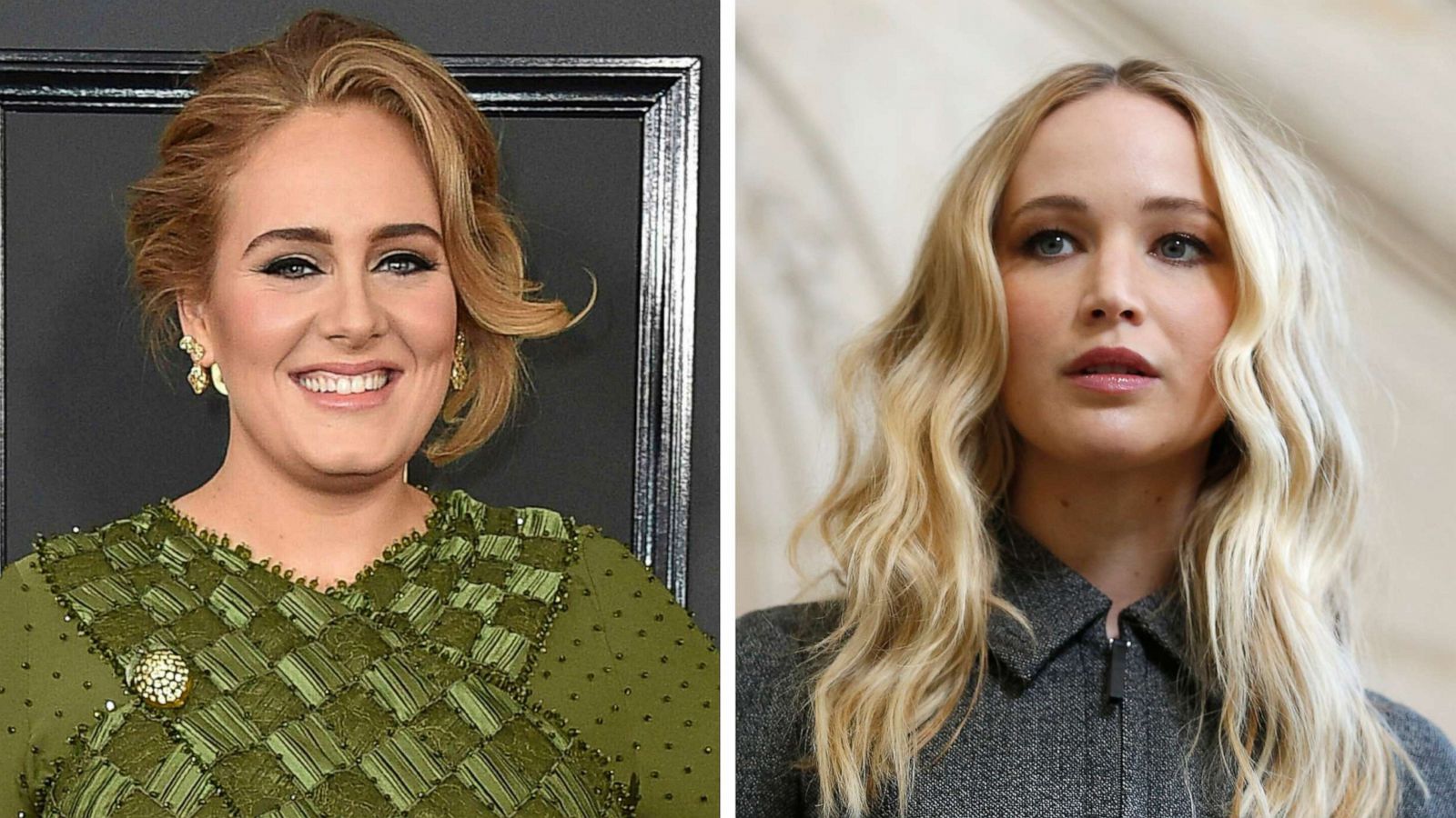 PHOTO: This combination photo shows singer Adele at the 59th annual Grammy Awards in Los Angeles on Feb. 12, 2017, left, and actress Jennifer Lawrence at the Dior ready to wear Fall-Winter 2019-2020 collection in Paris on Feb. 26, 2019.