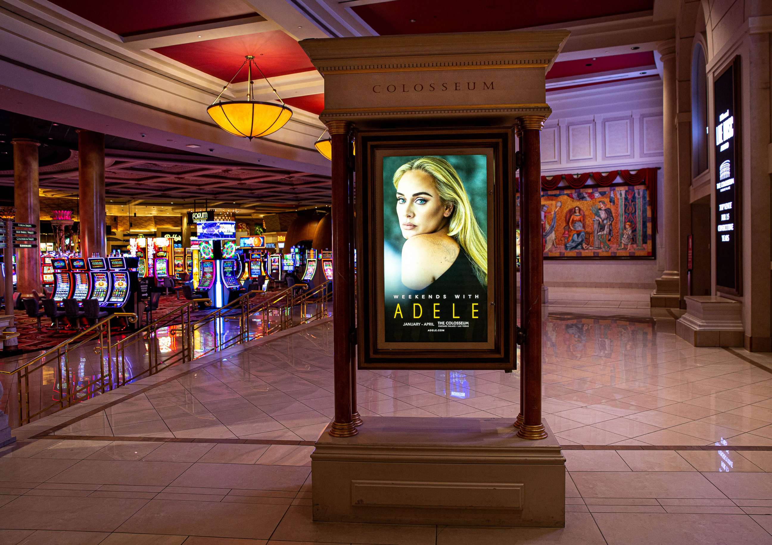 PHOTO: A promotional billboard promotes the upcoming concerts by singer Adele inside Caesars Palace Hotel & Casino on Jan. 9, 2022 in Las Vegas.