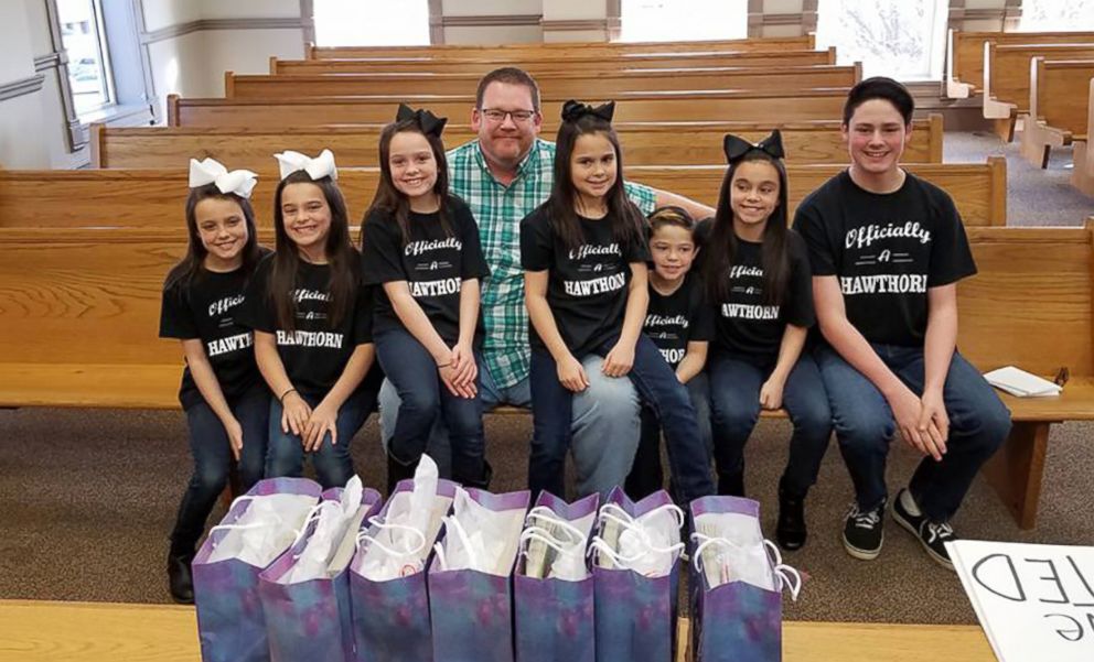 PHOTO: Dawson, 15, Kyndal, 11, Lacey, 10, Layna, 10, Addiley, 9, Arria, 9 and Nixson Hawthorn, 8, were officially adopted by Michael and Terri Hawthorn of Hot Springs, Arkansas, on Dec. 3.