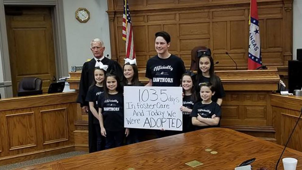 PHOTO: The Hawthorn family of Hot Springs, Arkansas, officially grew by 7 children with the adoption of Dawson, 15, Kyndal, 11, Lacey, 10, Layna, 10, Addiley, 9, Arria, 9 and Nixson, 8.