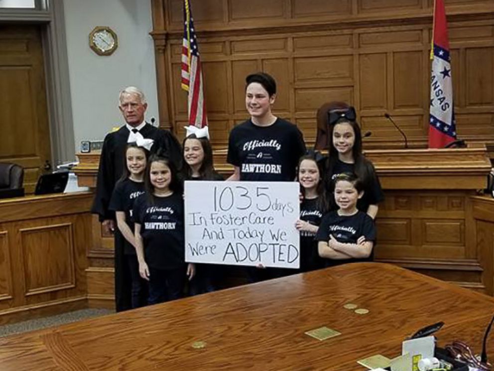PHOTO: The Hawthorn family of Hot Springs, Arkansas, officially grew by 7 children with the adoption of Dawson, 15, Kyndal, 11, Lacey, 10, Layna, 10, Addiley, 9, Arria, 9 and Nixson, 8. 