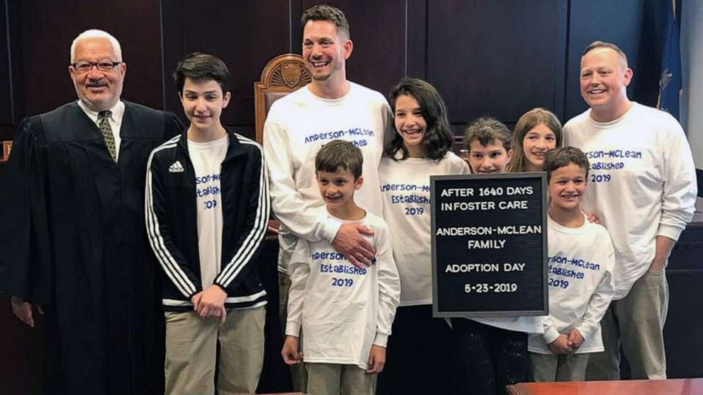 PHOTO: Steve Anderson-McLean and Rob Anderson-McLean of Pennsylvania, adopted Carlos, 14, Guadalupe, 13, Maria, 12, Selena, 10, Nasa, 9 and Max, 7, on May 23, 2019, after the siblings had spent 4.5 years in foster care.