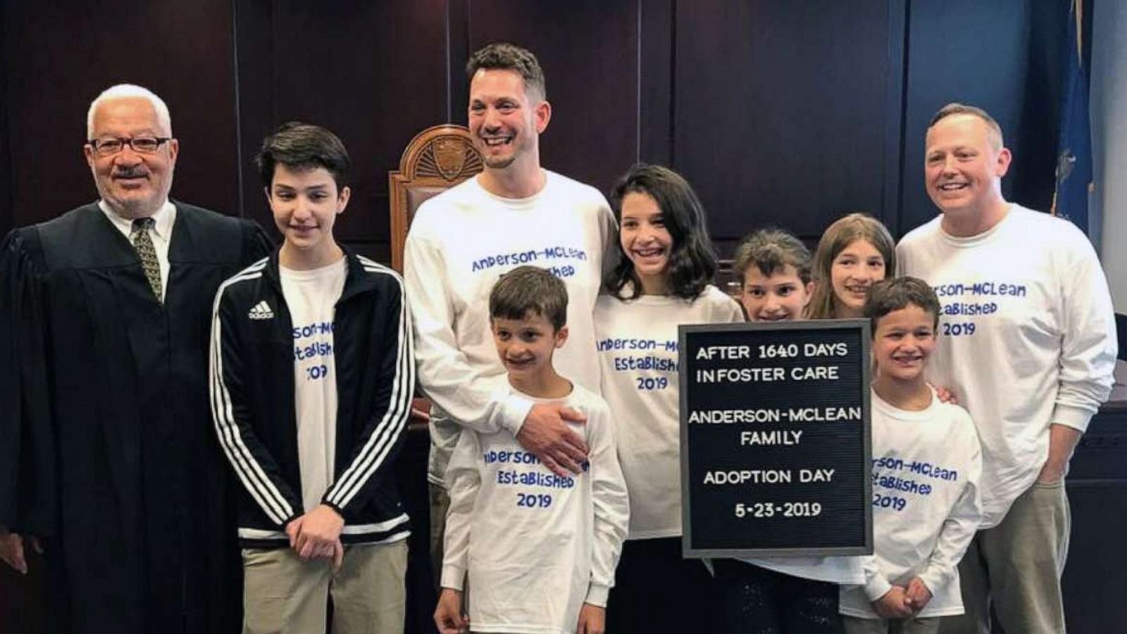 PHOTO: Steve Anderson-McLean and Rob Anderson-McLean of Pennsylvania, adopted Carlos, 14, Guadalupe, 13, Maria, 12, Selena, 10, Nasa, 9 and Max, 7, on May 23, 2019, after the siblings had spent 4.5 years in foster care.