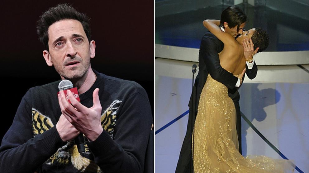 PHOTO: Adrien Brody attends SAG-AFTRA Foundation Conversations, Jan. 30, 2025, in New York. Adrien Brody surprises presenter Halle Berry with a kiss after he won the Oscar for best actor for his work in "The Pianist," March 23, 2003. 