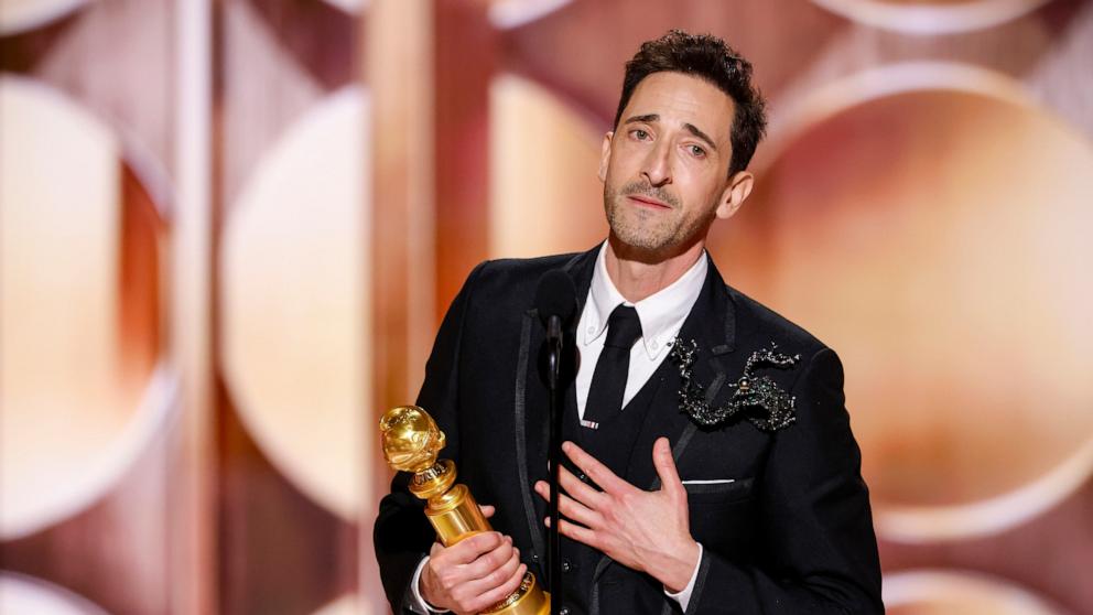 PHOTO: Adrien Brody accepts the award for Male Actor in a Motion Picture: Drama at the 82nd annual Golden Globe Awards at the Beverly Hilton on January 05, 2025 in Beverly Hills, California.