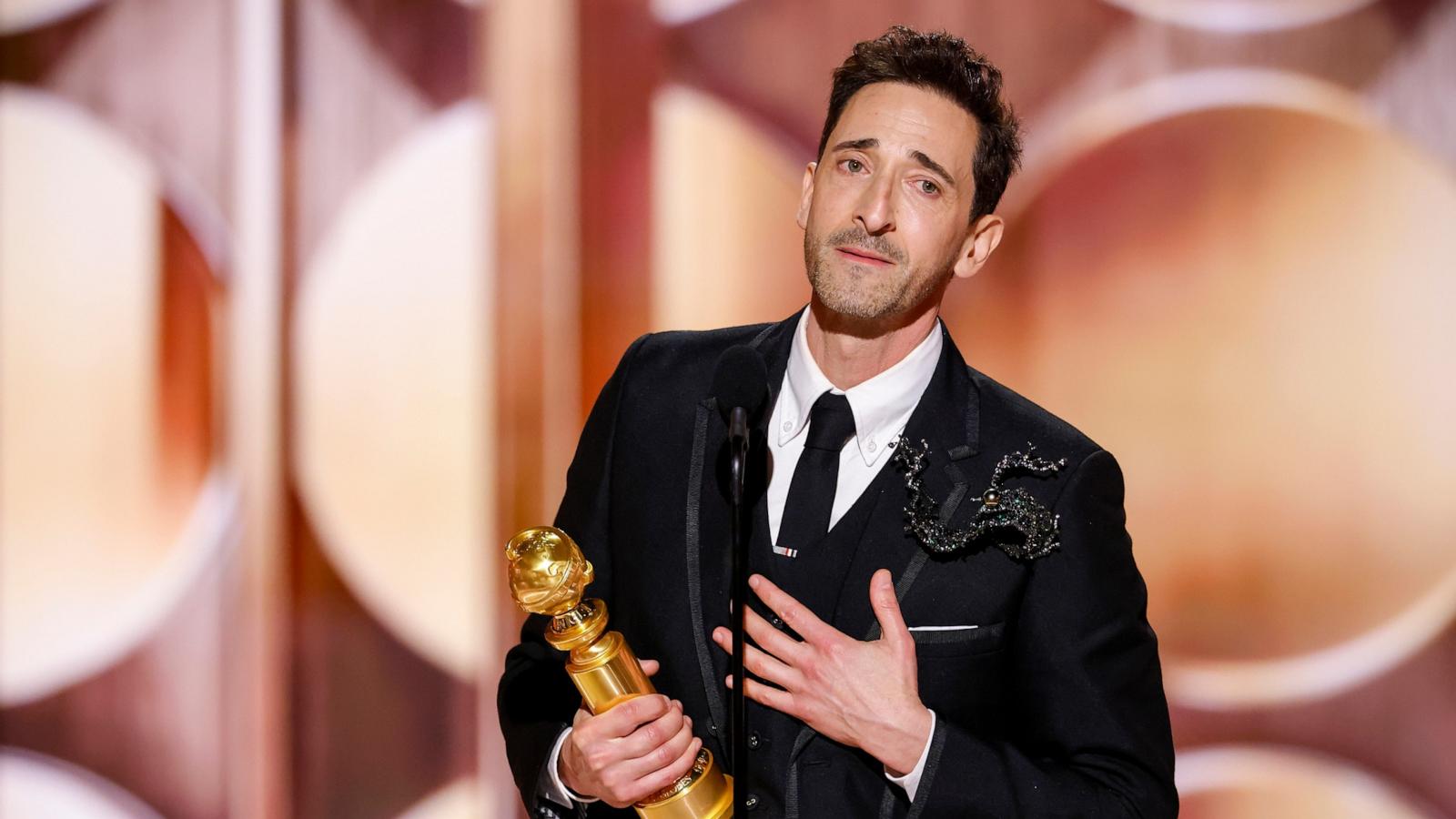 PHOTO: Adrien Brody accepts the award for Male Actor in a Motion Picture: Drama at the 82nd annual Golden Globe Awards at the Beverly Hilton on January 05, 2025 in Beverly Hills, California.