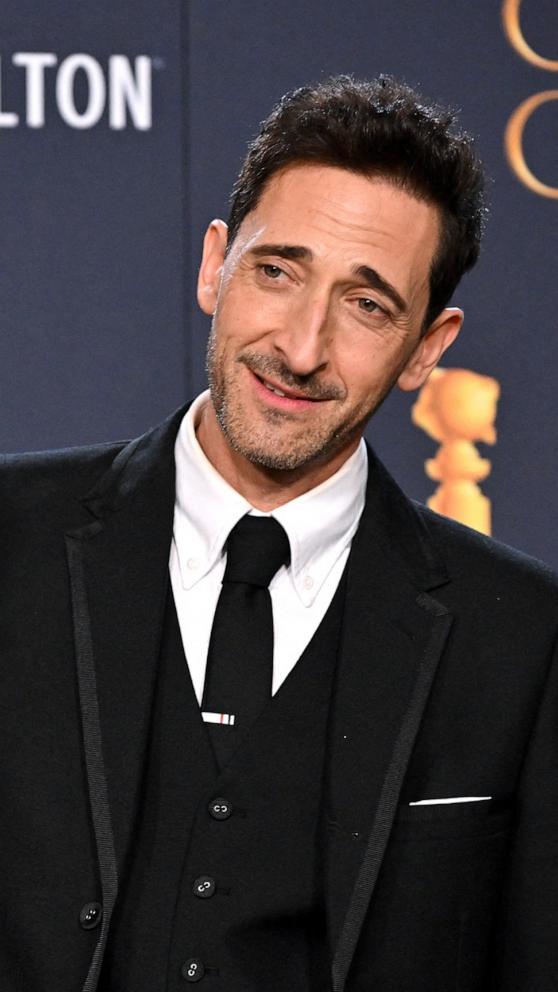 PHOTO: Adrien Brody poses with the Best Performance by a Male Actor in a Motion Picture Drama  award for "The Brutalist" at the 82nd Annual Golden Globe Awards, Jan. 5, 2025, in Beverly Hills, Calif.