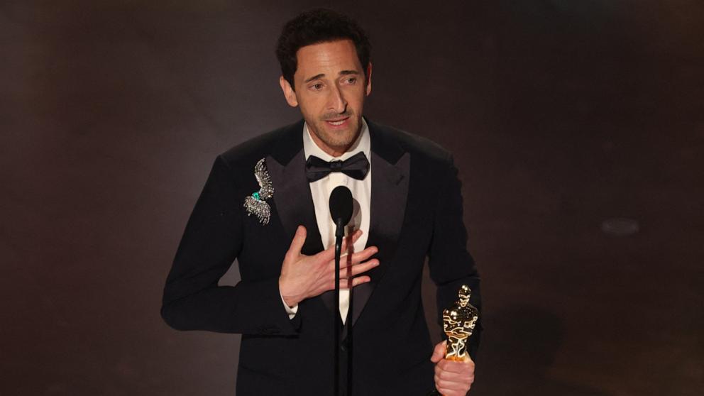 PHOTO: Adrien Brody accepts the Oscar for Best Actor in a Leading Role for "The Brutalist" during the Oscars show at the 97th Academy Awards in Hollywood,, March 2, 2025. 