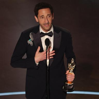 PHOTO: Adrien Brody accepts the Oscar for Best Actor in a Leading Role for "The Brutalist" during the Oscars show at the 97th Academy Awards in Hollywood,, March 2, 2025. 