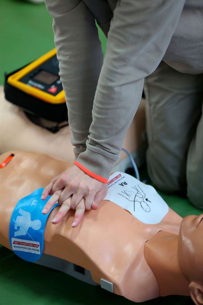 PHOTO: A life-saving AED Defibrillator first aid on a model is pictured here.