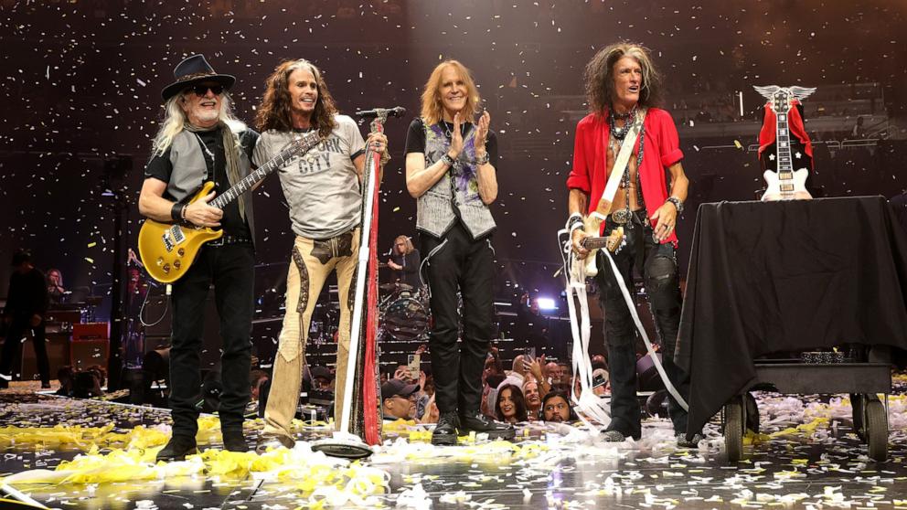 PHOTO: In this Sept. 8, 2023, file photo, Brad Whitford, Steven Tyler, Tom Hamilton and Joe Perry of Aerosmith perform at UBS Arena in Elmont, New York. 