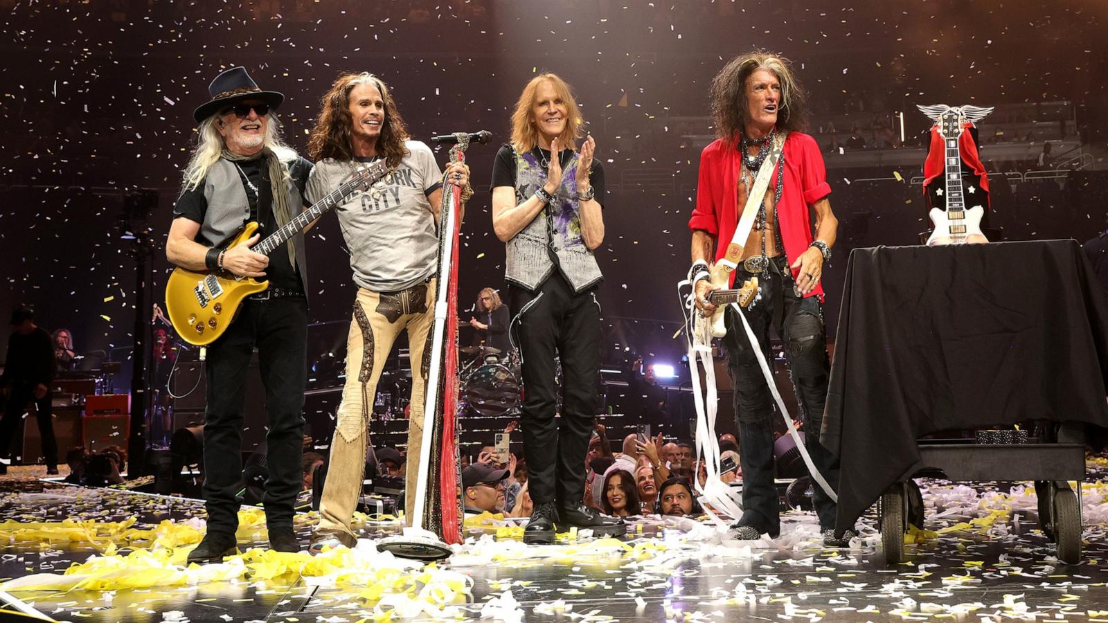 PHOTO: In this Sept. 8, 2023, file photo, Brad Whitford, Steven Tyler, Tom Hamilton and Joe Perry of Aerosmith perform at UBS Arena in Elmont, New York.