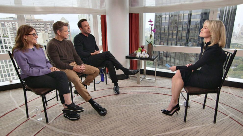 PHOTO: Ben Affleck and Matt Damon discuss collaborating again on a writing project after more than 20 years on "Good Morning America," along with their co-writer Nicole Holofcener, Oct. 13, 2021.