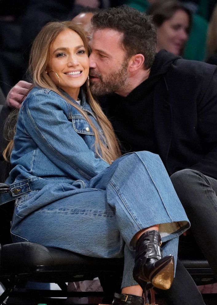 PHOTO: Jennifer Lopez and Ben Affleck attend an NBA basketball game between the Los Angeles Lakers and the Boston Celtics, Dec. 7, 2021, in Los Angeles.