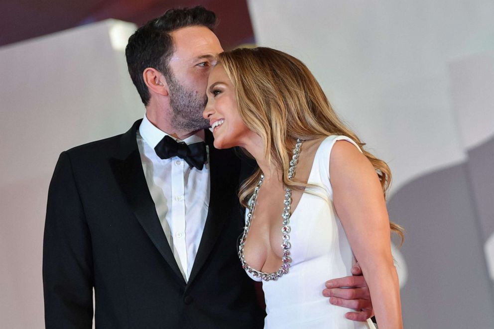 PHOTO: Ben Affleck kisses Jennifer Lopez as they arrive for the screening of the film "The Last Duel" presented out of competition on Sept. 10, 2021 during the 78th Venice Film Festival at Venice Lido in Italy.