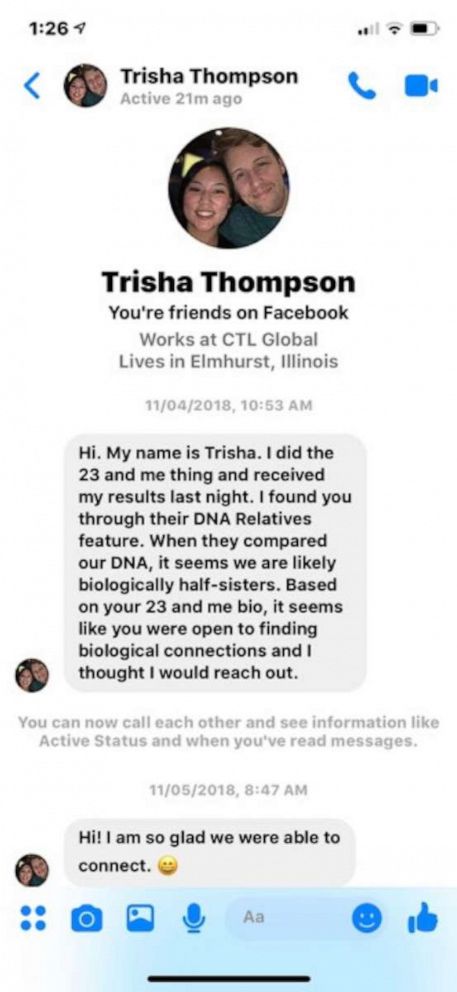 PHOTO: On Nov. 4, 2018, Thompson sent Enright a message on Facebook alerting her to the news. 