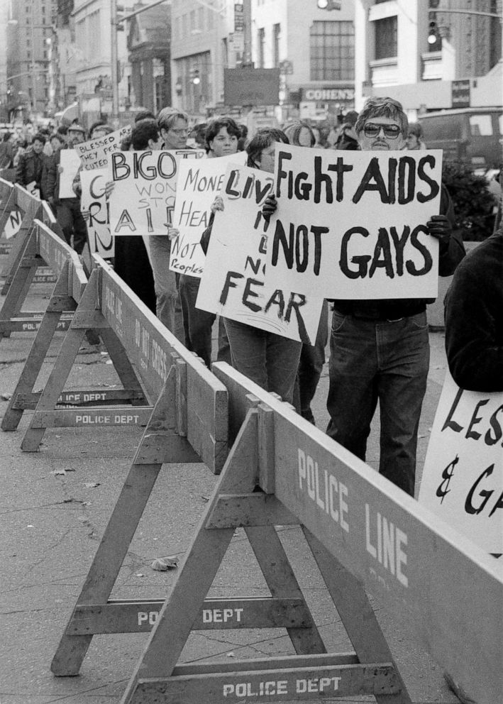 PHOTO: Demonstrators protest noisily near City Hall in New York as a City Council committee considered legislation to bar pupils and teachers with the AIDS virus form public schools, Nov. 15, 1985.