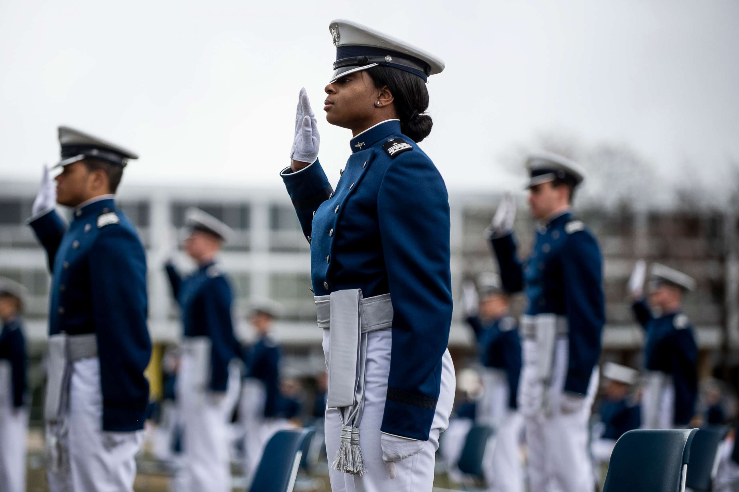 PHOTO: In this April 18, 2020, file photo, Air Force Academy cadets take an oath during their graduation ceremony in Colorado Springs, Colo.