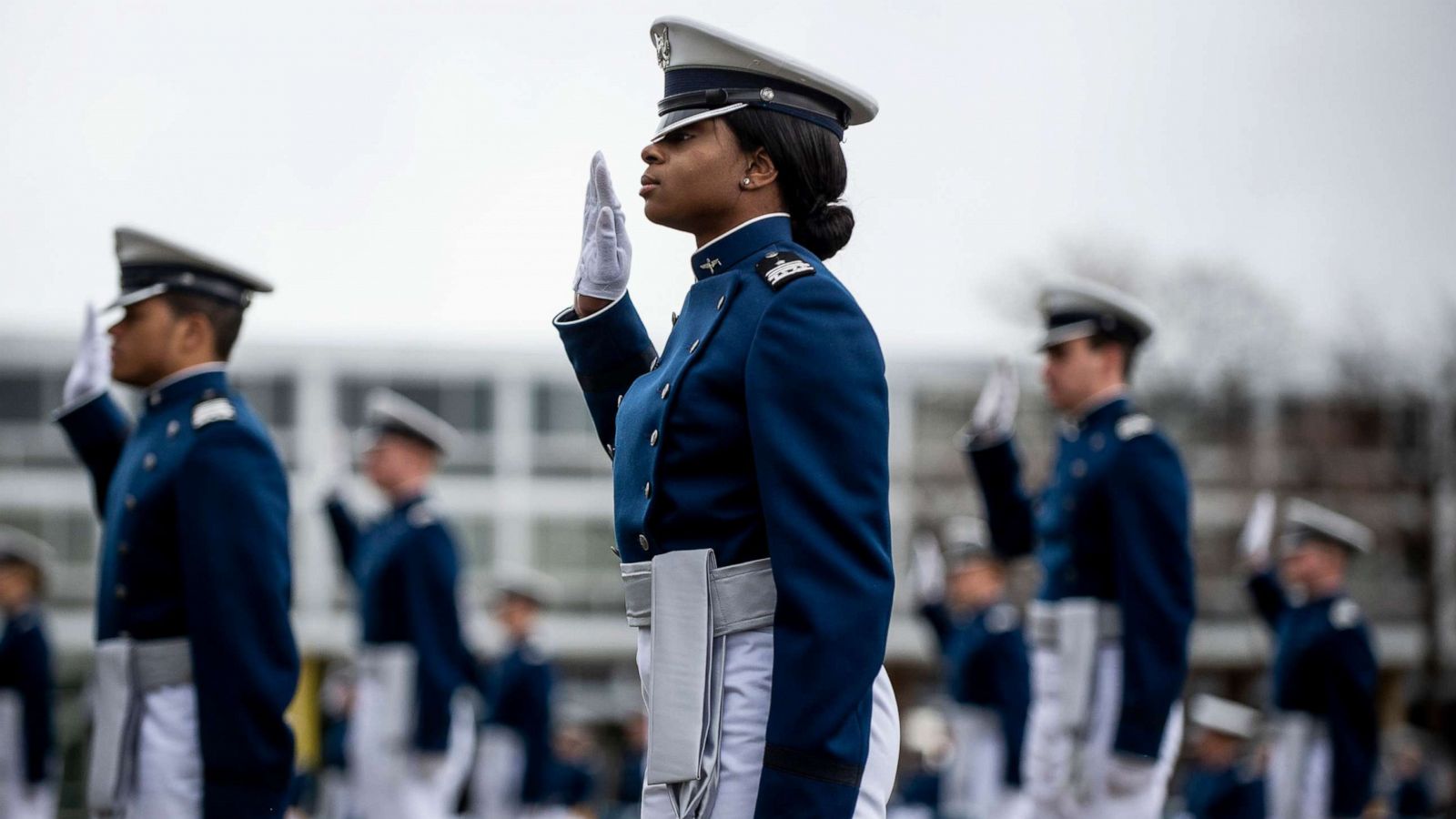 PHOTO: In this April 18, 2020, file photo, Air Force Academy cadets take an oath during their graduation ceremony in Colorado Springs, Colo.