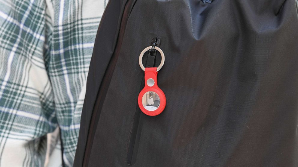 PHOTO: A key ring containing an AirTag attached to a back pack inside the Apple Store George Street on April 30, 2021 in Sydney.