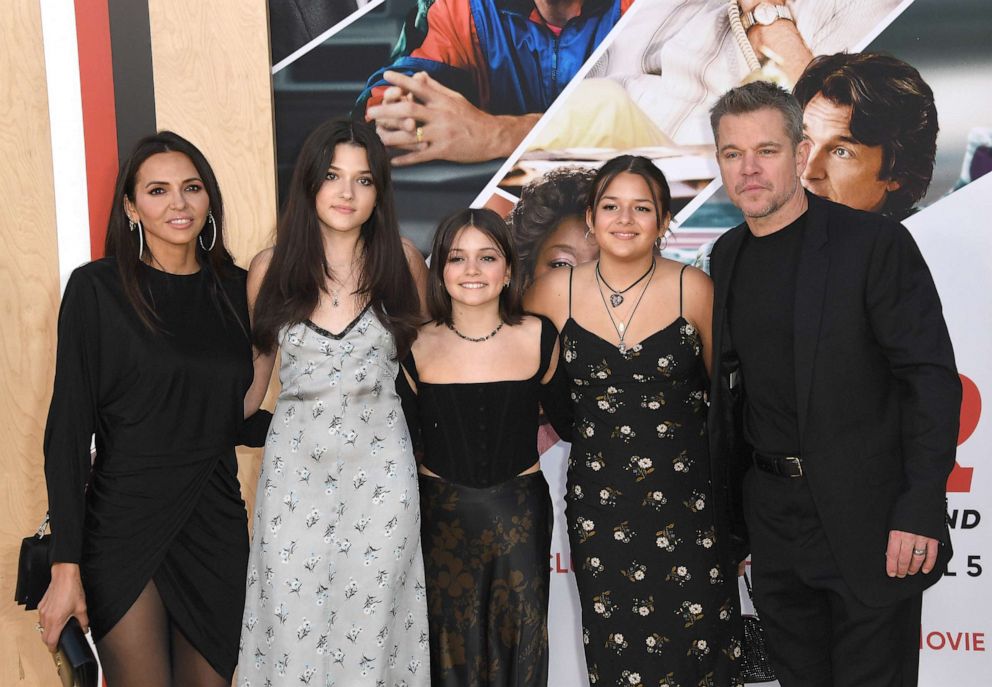 PHOTO: Luciana Barroso, Alexia Barroso, Stella Damon, Isabella Damon, and Matt Damon arrive for Amazon Studios World Premiere Of AIR held at Regency Village Theatre on March 27, 2023 in Los Angeles.