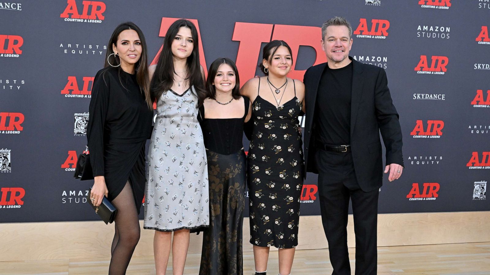 PHOTO: Luciana Barroso, Alexia Barroso, Stella Damon, Isabella Damon, and Matt Damon attend the Amazon Studios' World Premiere of "AIR" at Regency Village Theatre on March 27, 2023 in Los Angeles.