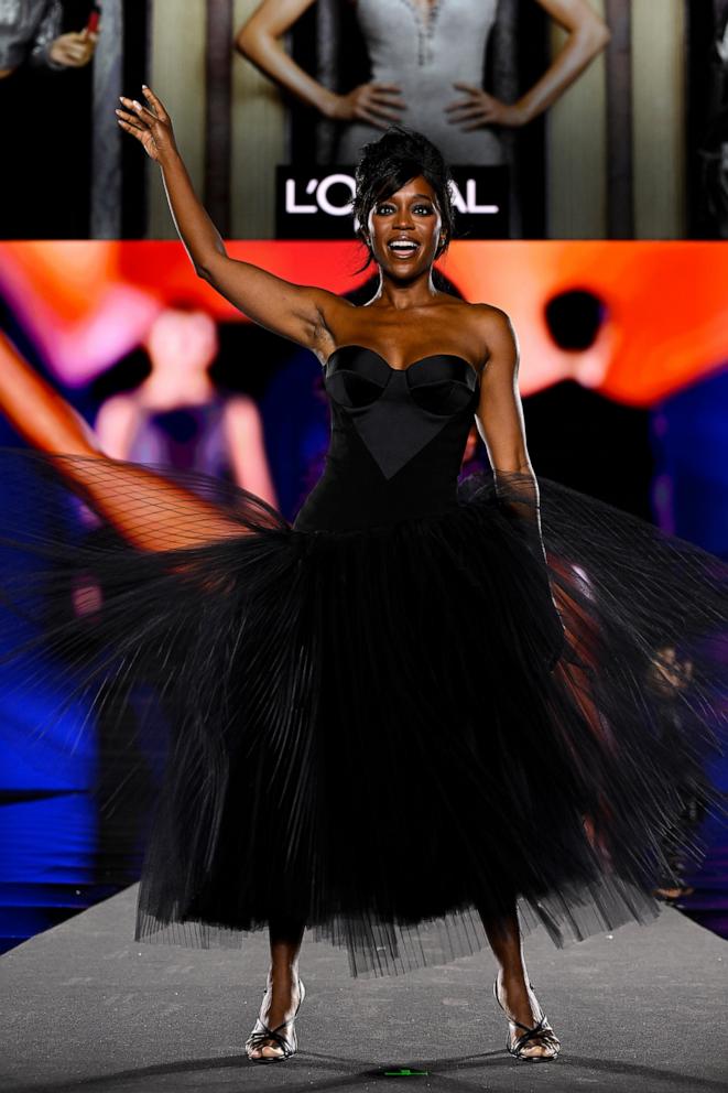 PHOTO: Aja Naomi King walks the runway during "Le Defile L'Oreal Paris "Walk Your Worth" Womenswear Spring-Summer 2025 show as part of Paris Fashion Week on Sept. 23, 2024, in Paris.