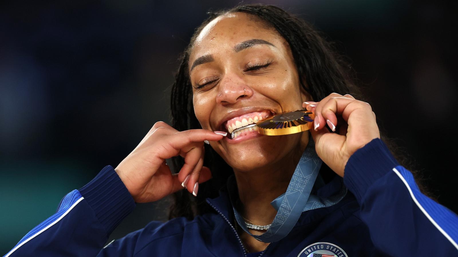 PHOTO: Gold medalist A'Ja Wilson #9 of Team United States poses for a photo during the Women's basketball medal ceremony on day sixteen of the Olympic Games Paris 2024 on Aug. 11, 2024 in Paris.